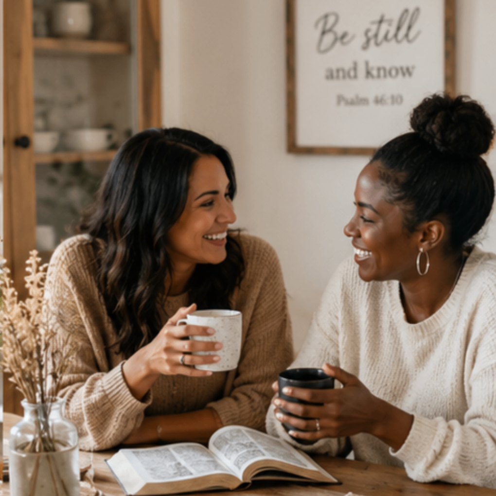 Two women sharing coffee and reading the Bible together